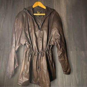 Venezia‎ Brown Leather Hooded Jacket | Size 18/20 | Cozy Fall Layer